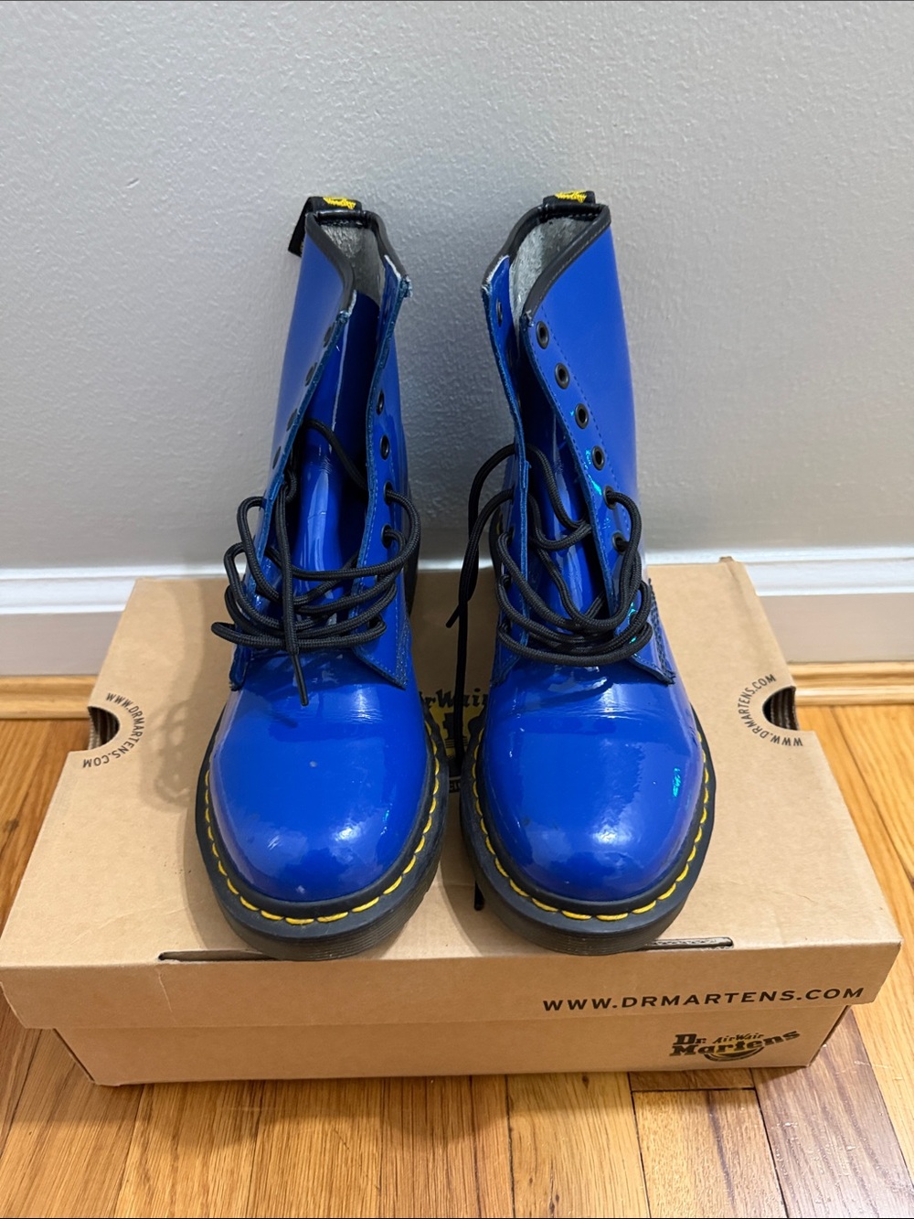 Dr. Martens Women's 8-Eye Lace-Up Boots in Royal Blue Patent